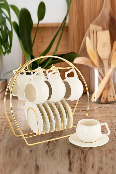Akkoyunlu home 6 Person Papatya Coffee Cup Set with Stand 90 Ml