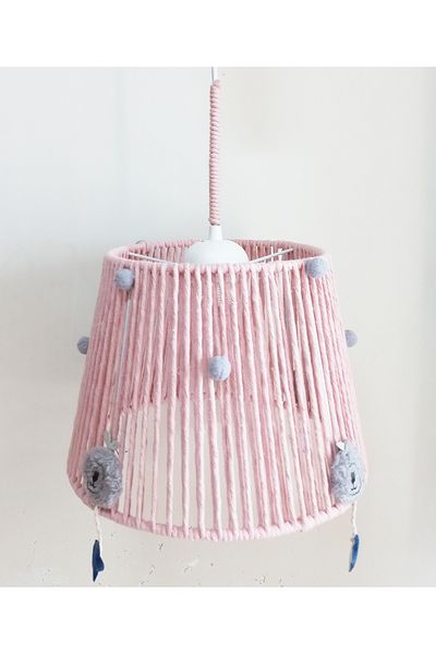 C&A&B KUZEY AVİZE PINK MACROME WRAPPED GRAY BEAR, STAR AND POMPOM BABY GIRL AND CHILDREN'S ROOM DESIGN PENDANT LIGHT CHANDELIER