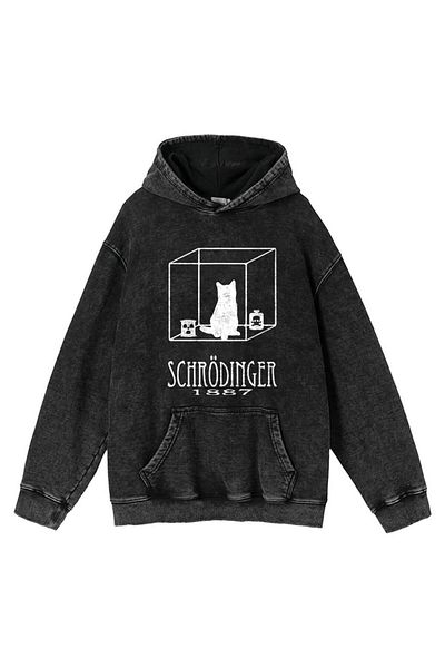 Touz Cat In Cube Printed Washed Vintage Unisex Oversize Hooded Sweatshirt