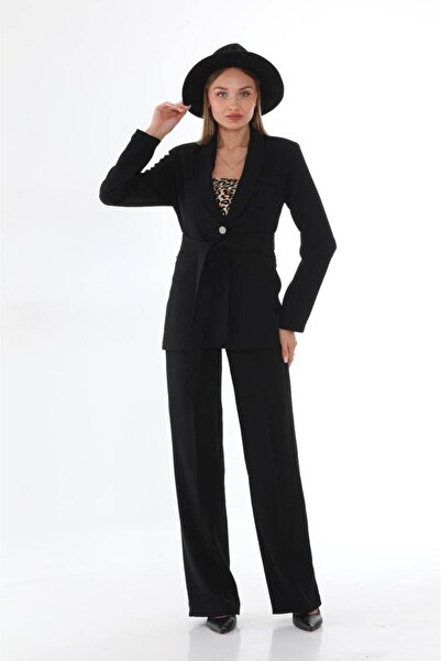 diaves Siyah Belden Bağlamalı Tek Düğme Sahte Cepli Ceket Geniş Paça Pantolon Takım Elbise