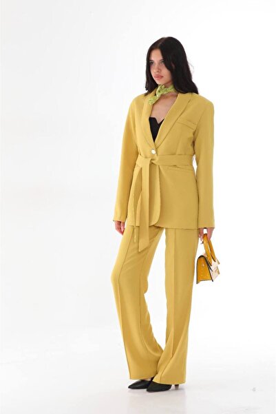 diaves Hardal Belden Bağlamalı Tek Düğme Sahte Cepli Ceket Geniş Paça Pantolon Takım Elbise