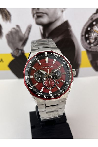 Quantum Men's Red Steel Wristwatch - Integrated Bracelet, 10 ATM Waterproof