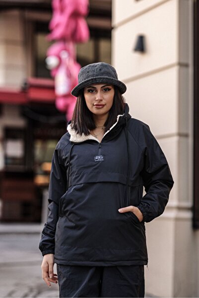 GOOD FASHION Rahat Kesim Içi Kürklü Kanguru Cep Kadın Yağmurluk Mont