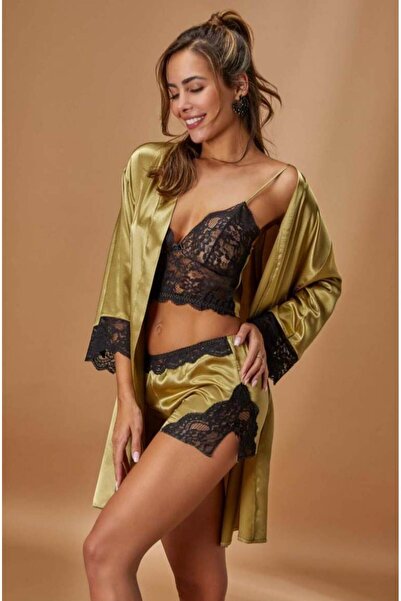 by İGP Yeşil Saten Dantelli Sütyen Şort ve Sabahlık Takım 3 Lü Set