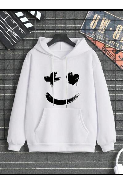 VESTIR BIEN Smile Printed White Oversize Sweatshirt - Kangaroo Pocket