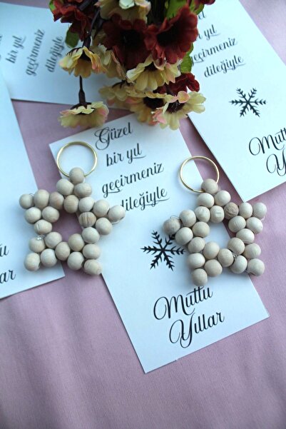 Emtory Home 15 Adet Ahşap Yıldız Anahtarlık - Tebrik Kartlı Ahşap Naturel Yıl...