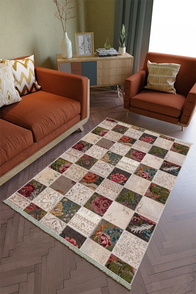 10 Post Online Salon Halısı Otantik Bej Patchwork Yolluk Kaymaz Yuvarlak Oval...