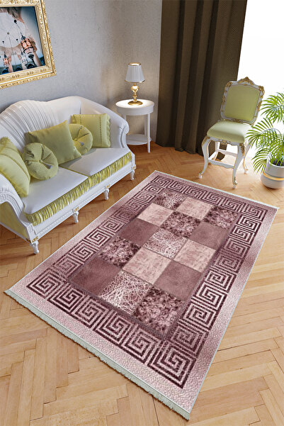 10 Post Online Klasik Salon Halısı Mor Gül Kurusu Yolluk Kaymaz Yuvarlak Oval...