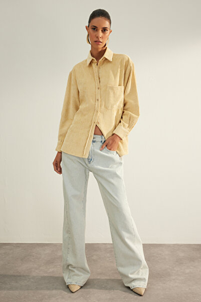 Trendyol Collection Stone Premium Quality Pocketed Boyfriend/Wide Fit Velvet Woven Shirt TWOAW24GO00172