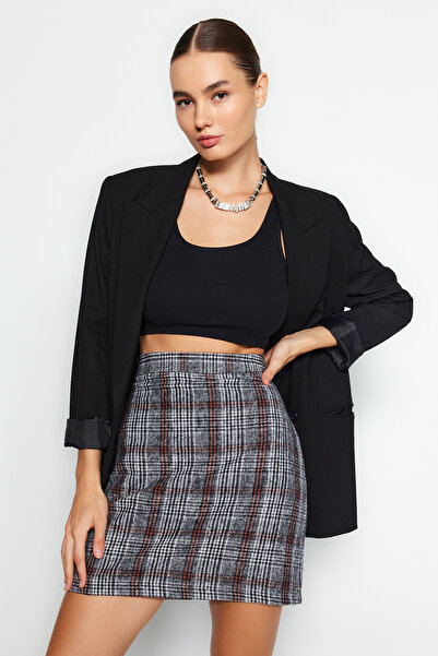 Trendyol Collection Razítkovací látka – Černá kostkovaná minisukně se vzorem, Pencil Fit TWOAW20ET0120