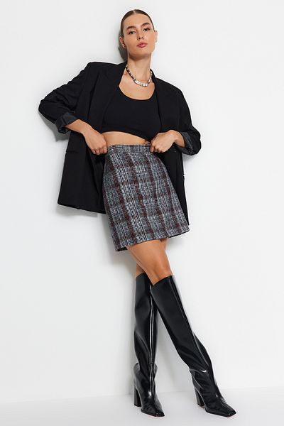 Trendyol Collection Razítkovací látka – Černá kostkovaná minisukně se vzorem, Pencil Fit TWOAW20ET0120