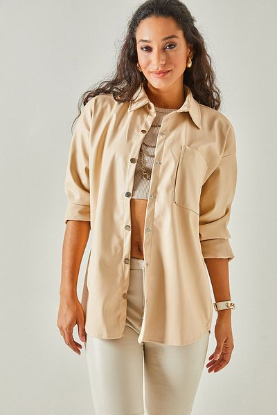 Olalook Beige Kunstlederjacke für Damen mit einer Tasche und Fell innen CKT-19000361