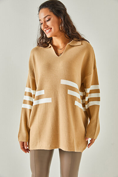 Olalook Women's Biscuit Stripe Detailed Oversize Polo Collar Knitwear Sweater KZK-19000645