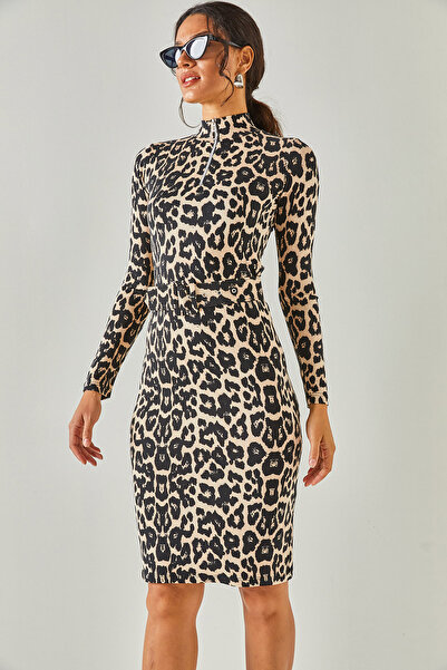 Olalook Women's Beige Leopard Zippered Belted Knitted Viscose Dress ELB-19001970