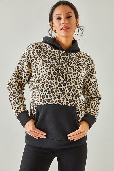 Olalook Dámská fleecová mikina Ecru Leopard Leopard s kapucí SWT-19000326