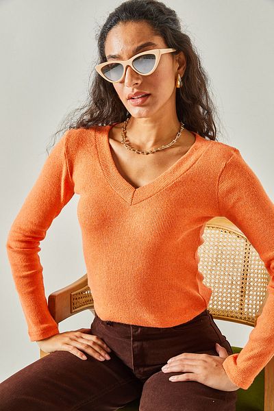Olalook Women's Orange Thick Banded V-Neck Raised Blouse BLZ-19002387