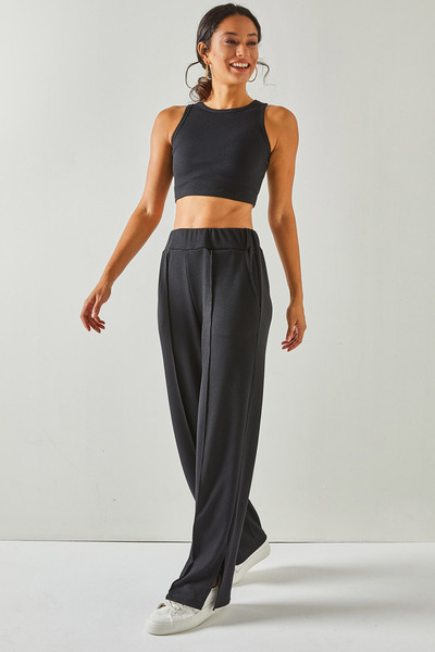 Olalook Women's Black Elastic Waist, Pocket, Leg Slit, Loose Trousers PNT-19000244