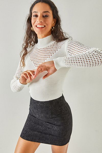 Olalook Women's White Robe Sleeve Openwork Half Fisherman Knitwear Sweater KZK-19000632