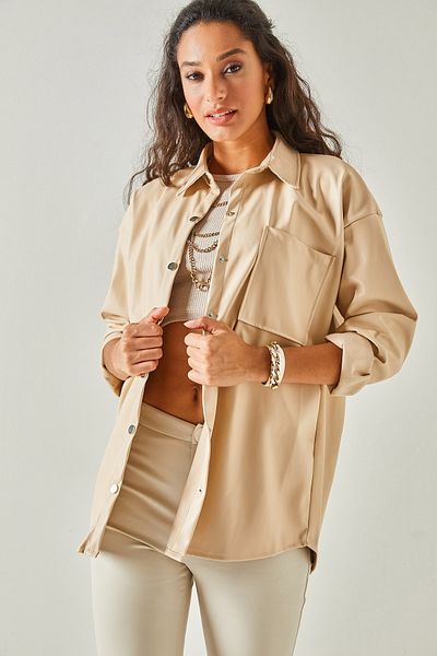 Olalook Beige Kunstlederjacke für Damen mit einer Tasche und Fell innen CKT-19000361