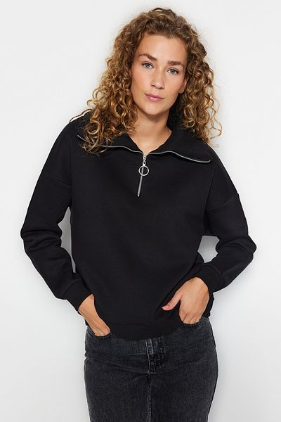 Trendyol Collection Czarna, zapinana na zamek, stójka, gruby polar, dzianinowa bluza o regularnym kroju TWOAW24SW00347