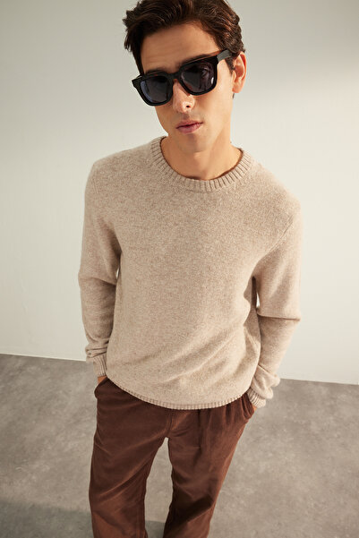 Trendyol Collection Beige Crew Neck Wool Knitwear Sweater - Regular Fit TMNAW24KZ00058