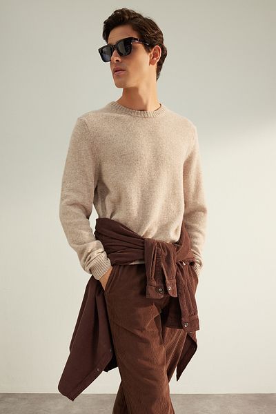 Trendyol Collection Beige Crew Neck Wool Knitwear Sweater - Regular Fit TMNAW24KZ00058