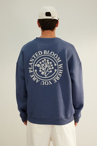 Trendyol Collection indigová květinová vyšívaná oversize mikina - fleecový střih TMNAW24sw00012