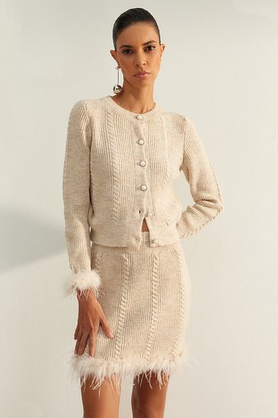Trendyol Collection Limited Edition Mink Skirted Otriş Detailed Knitwear Top and Bottom Set TWOAW24AU00128