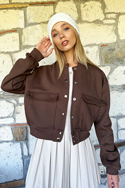 Trend Alaçatı Stili Дамско кафяво рипсено яке с двоен джоб и щракване ALC-X10940