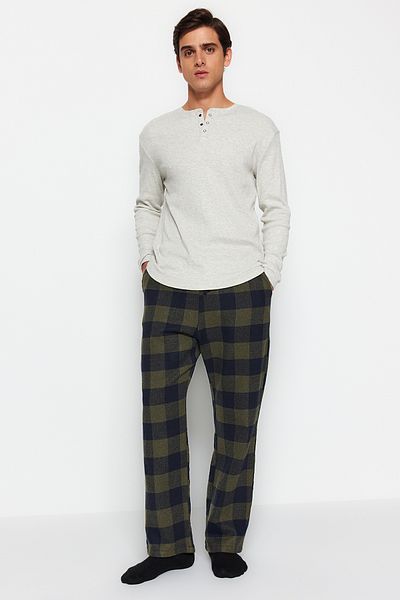 Trendyol Collection Χακί άνετη εφαρμογή καρό υφαντό πάτο πιτζάμα TMNAW24PJ00019