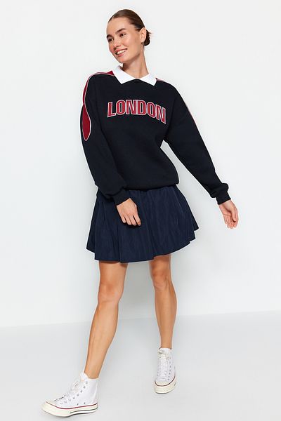 Trendyol Collection Тъмносин дебел полар от вътрешната страна на поло яка с обикновена/нормална кройка Плетен суичър TWOAW24SW00224
