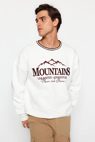 Trendyol Collection UniSex Ecru Fleece mikina - overSize límec, detailní límec, teplá - TMNAW24SW00068