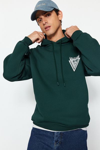 Trendyol Collection Zelená mikina Oversize s kapucí/široký střih College Potištěná bavlněná fleecová vnitřní mikina Tmnaw24Sw00063