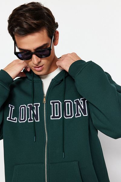 Trendyol Collection Green Embroidery Hooded Oversize Sweatshirt - Cotton, Zippered Cardigan Tmnaw24Sw00051