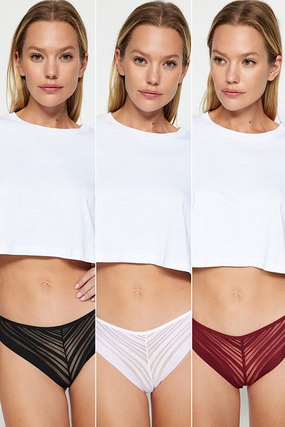 Trendyol Collection Brasilianische Strickhöschen aus Poliamid im 3er-Pack in Schwarz-Weiß-Burgunderrot THMAW24KU00013