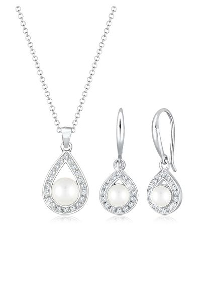 ELLI Schmuckset Tropfen Süßwasserzuchtperle Zirkonia 925 Silber