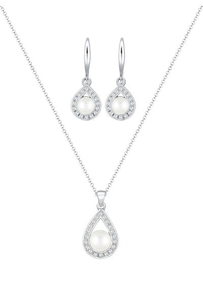 ELLI Schmuckset Tropfen Süßwasserzuchtperle Zirkonia 925 Silber