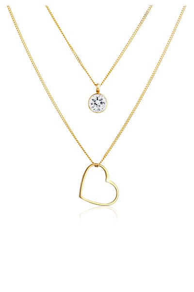 ELLI Halskette Damen mehrreihige Kette mit Herzanhänger und Kristall in 925 Silber