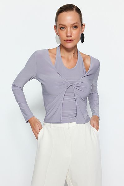 Trendyol Collection Gray Cut Out Detailed Fitted Stretchy Knitted Blouse TWOAW24BZ00406