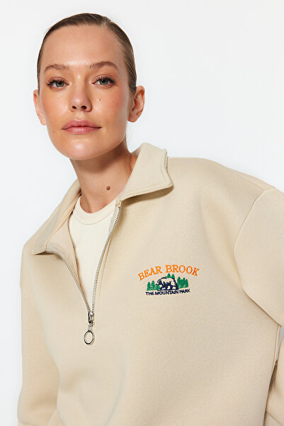 Trendyol Collection Kamenný zip límec výšivka Detailní pravidelný střih Silný fleece uvnitř pletená mikina TWOAW24SW00162