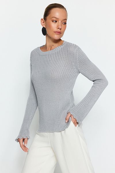 Trendyol Collection Grauer Glitzer-Strickpullover mit Rundhalsausschnitt TWOAW24KZ01166