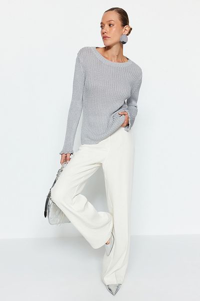 Trendyol Collection Grauer Glitzer-Strickpullover mit Rundhalsausschnitt TWOAW24KZ01166