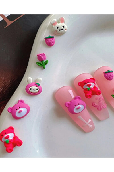 Beauty Box Ayıcık Lale Çilek Tavşan Nail Charms Sevimli Tırnak Süsleri Nail Art Objeleri 5.5-9.5mm 6 Adet Set