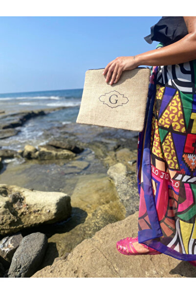 G Harfli Clutch Çanta - Jüt Kumaş