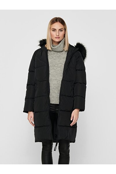ONLY Kapüşonlu Uzun Mont Siyah Kaban 15205637