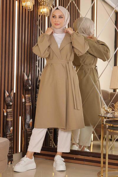 Modamihram Wide Collar Belted Trench Coat Mink 19148