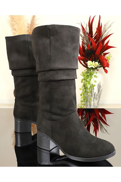 Konfores 1738-460388 TPU Sole Below Knee Heel Long Boots BLACK SUEDE