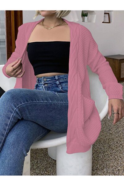 AQE FASHION Tricotat cu dungi Fit comod Flexibil Buzunar Tricotat Cardigan PUDRA