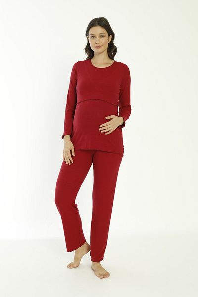 Miss Dünya Lissa Claret Red Cotton Corded Knitted Fabric Maternity and Maternity Long Sleeve Pajamas Set