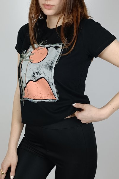 Ayya Women Women's Black Stone Accessory Palm Pattern T-Shirt